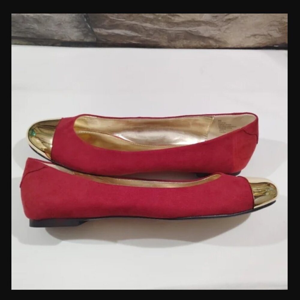 Sz 9M Worthington Burgundy & Gold Ballet Flats Metallic Toe Faux Suede 9 Medium - Picture 8 of 12